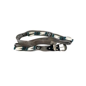 Vintage Boho Western metal Mesh Belt w Turquoise & Bone Beads Silver Tone XL 38